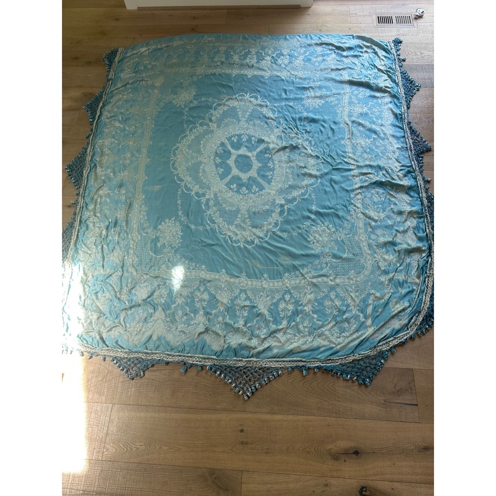 Vintage Blue Silk Cotton Blend Damask Bedspread Macrame Fringe Tassel Coverlet